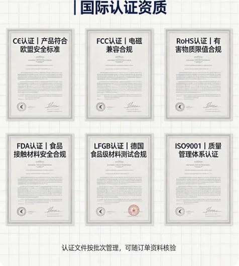 DOZZON 国际认证资质总览：CE 欧盟安全、FCC 电磁兼容、RoHS 有害物质限值、FDA 食品接触材料、LFGB 德国食品级材料、ISO9001 质量管理体系